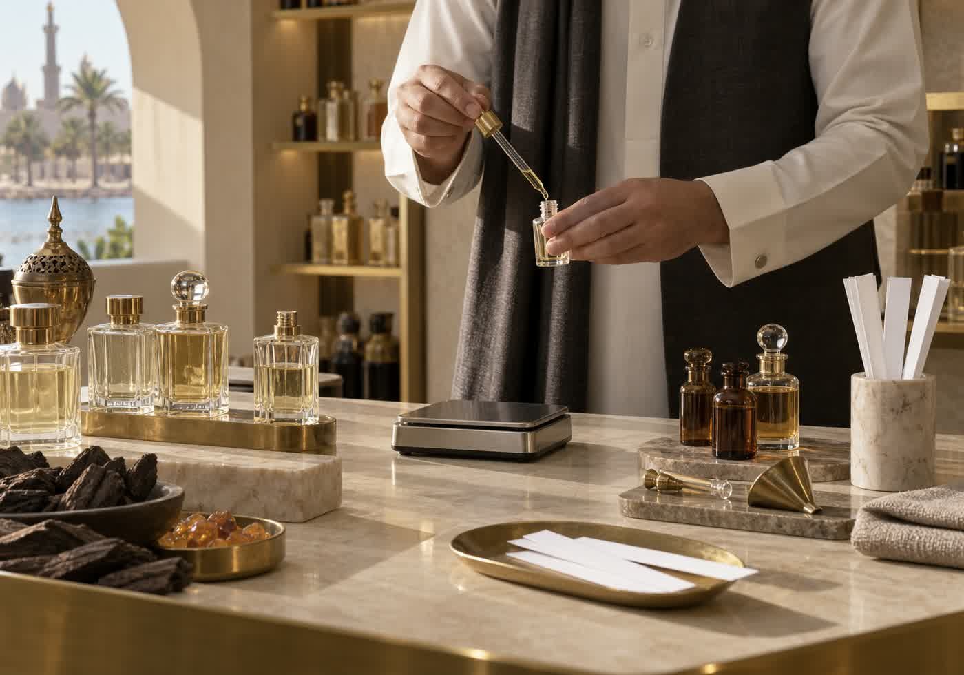 A perfume counter with bottles on a brass tray and a decanting scale, a perfumer's hand filling a vial.
