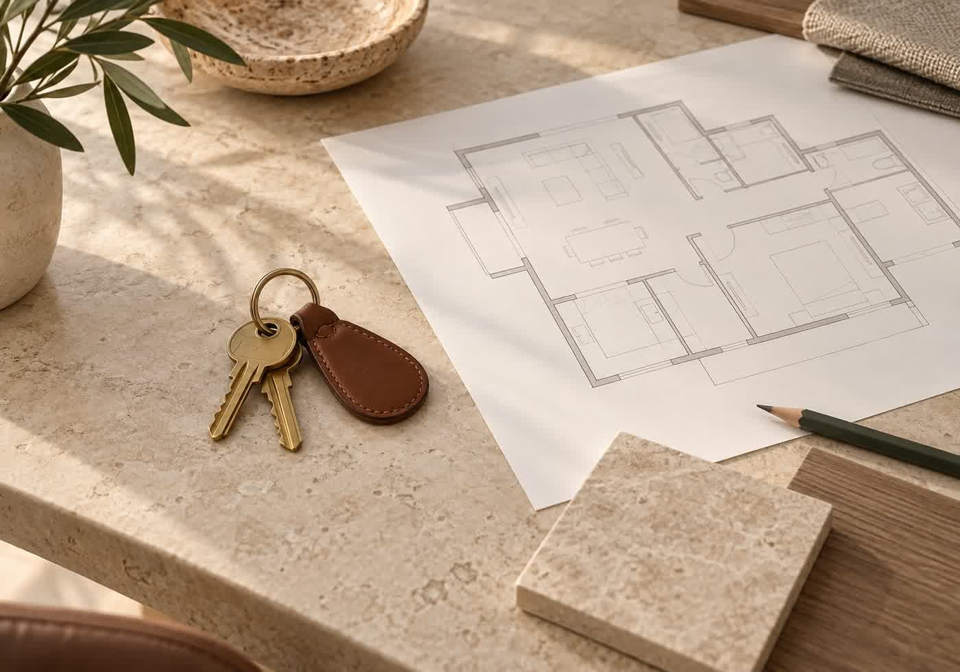 A set of keys and a printed floor plan on a desk, with a stone sample beside them.