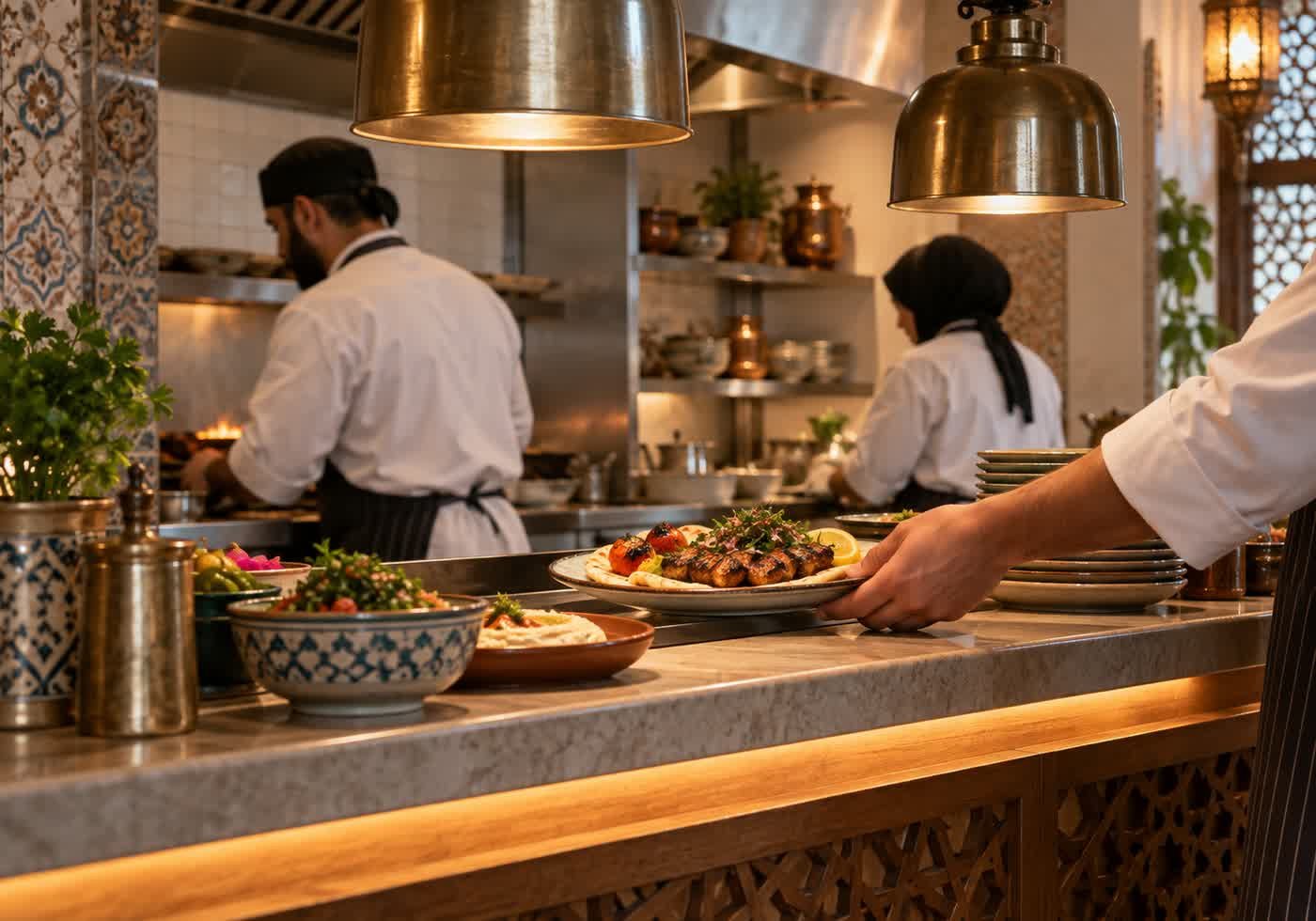 An open kitchen pass in a small restaurant, plates going up under warm brass lamps.
