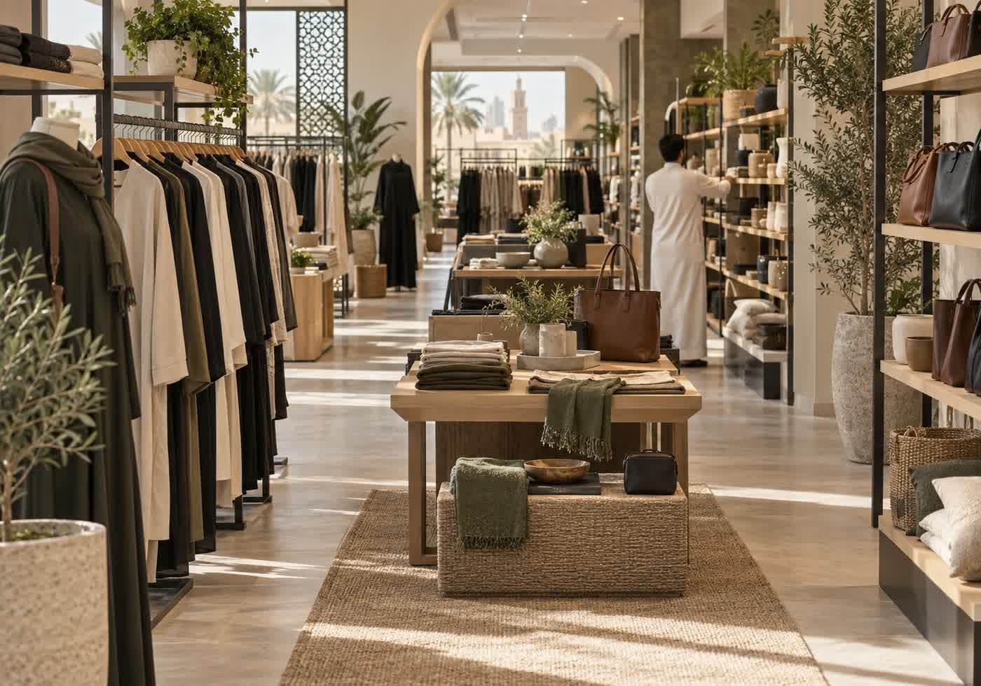 The floor of a clothing shop: rails, folded stock on a table and shelves running back into the room.