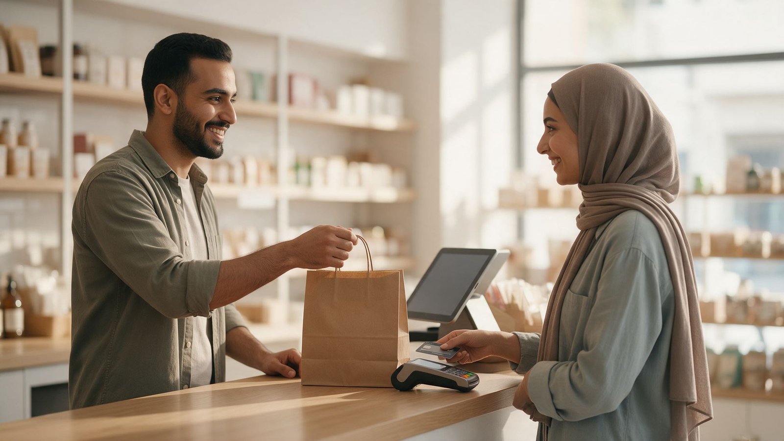 A shop owner hands a customer her purchase in a paper bag as she pays by card at the counter.
